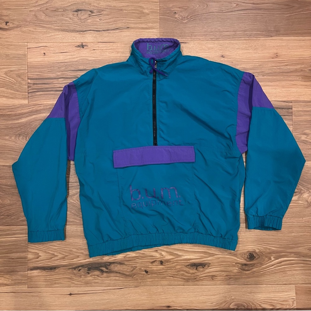 Vintage B.U.M. Equipment Retro Pullover Windbreaker Jacket Blue Purple Medium